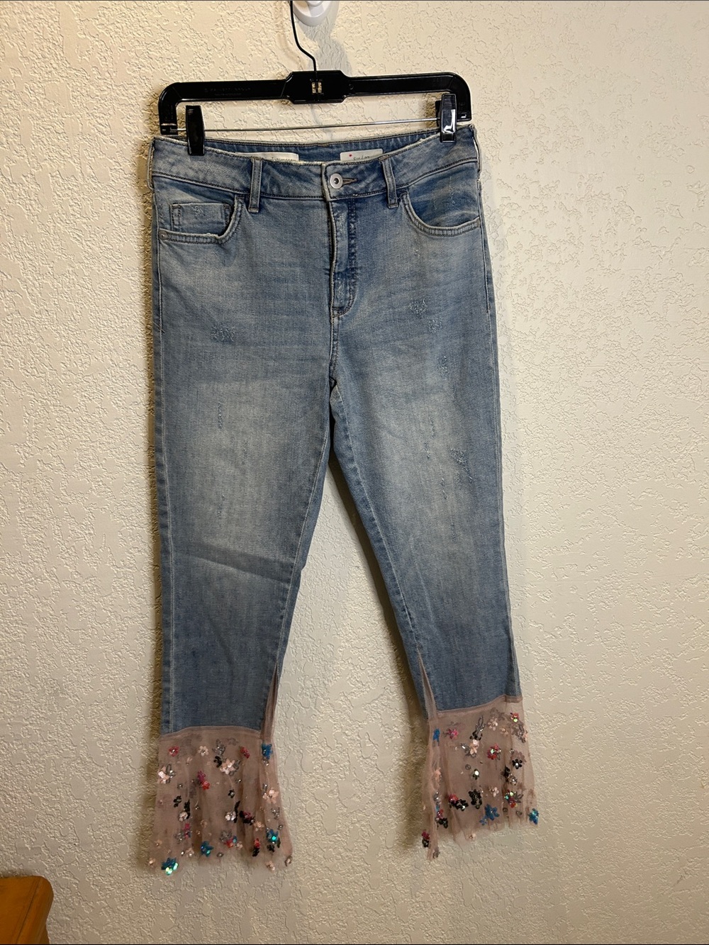 Pilcro and the Letterpress Light Wash Jeans with Embellished Tulle Cuffs